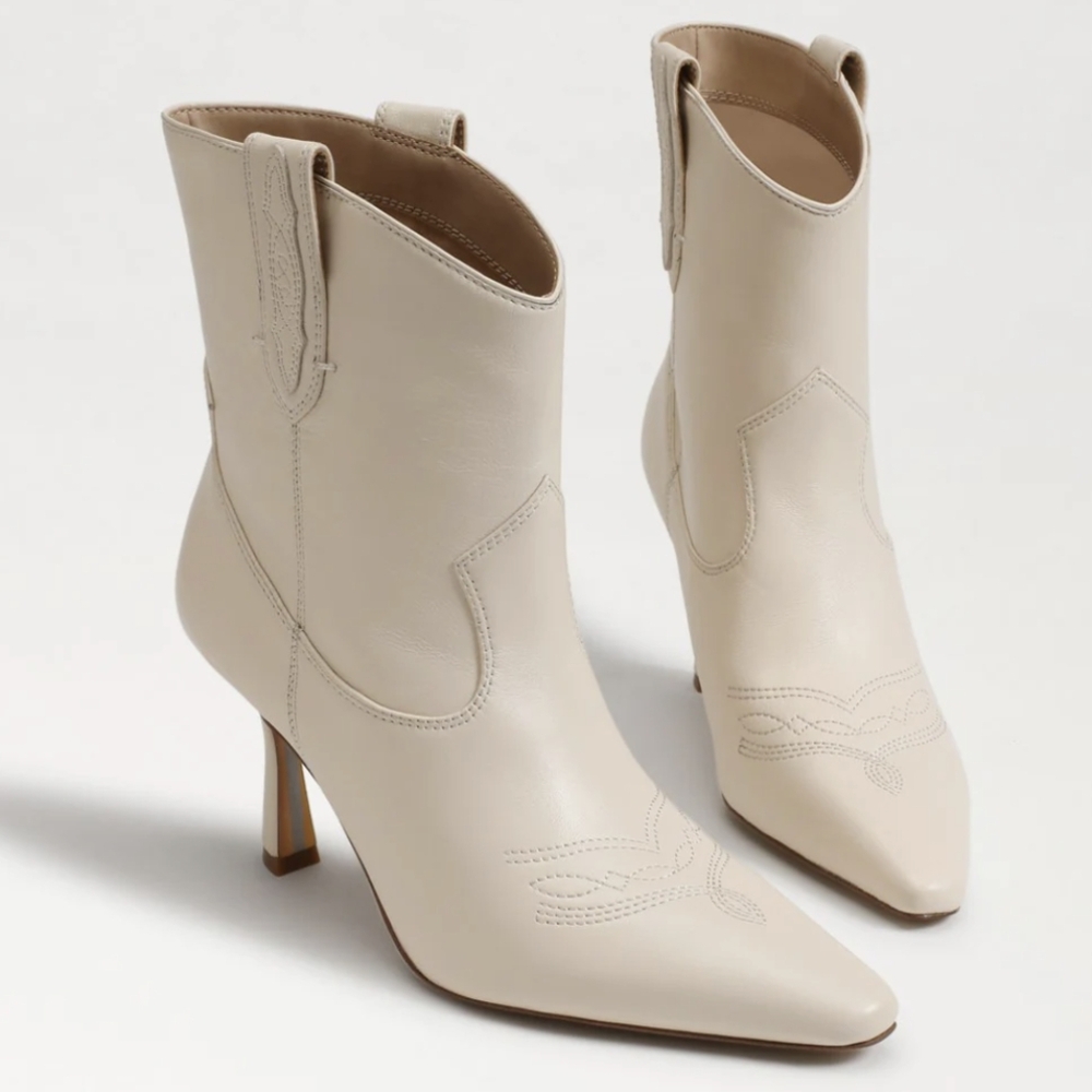 Sam Edelman Cream Pointed-Toe Western Ankle Boots
